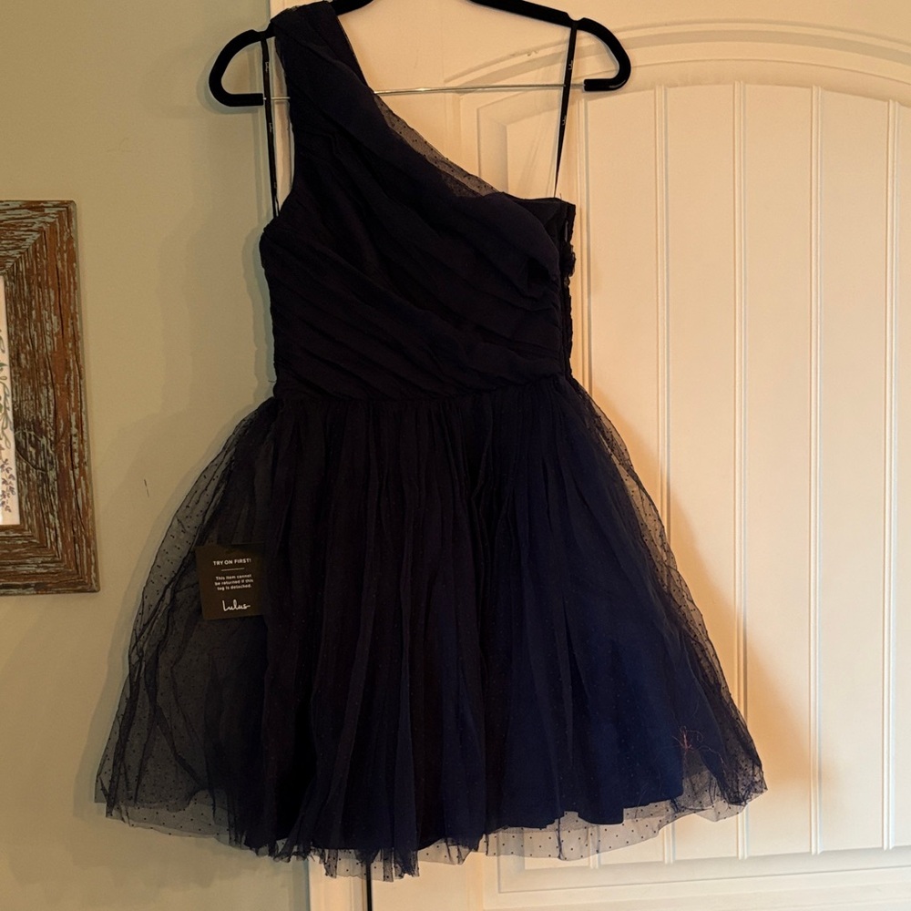Lulus Navy Swiss Dot One-Shoulder Mini Dress